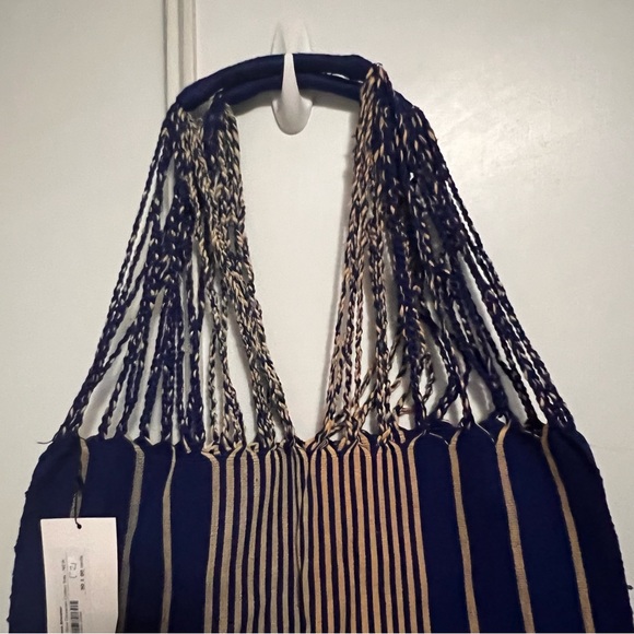Cobalt Blue Oaxacan Woven Cotton Tote Blue Tan Stripes Hand Made New With Tags - Picture 6 of 8